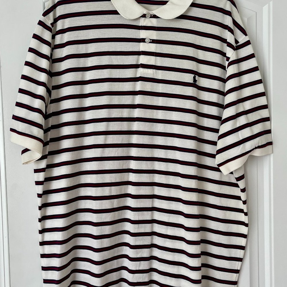 NWOT VTG Polo Ralph Lauren polo shirt, white/blue/red stripe, men's size 2XL